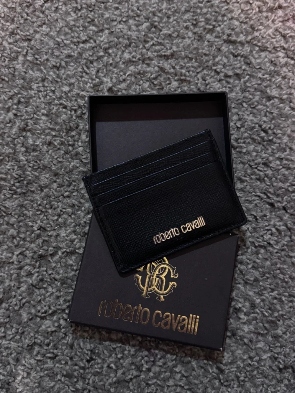 Roberto Cavalli Black Leather Card Holder with Gold Logo